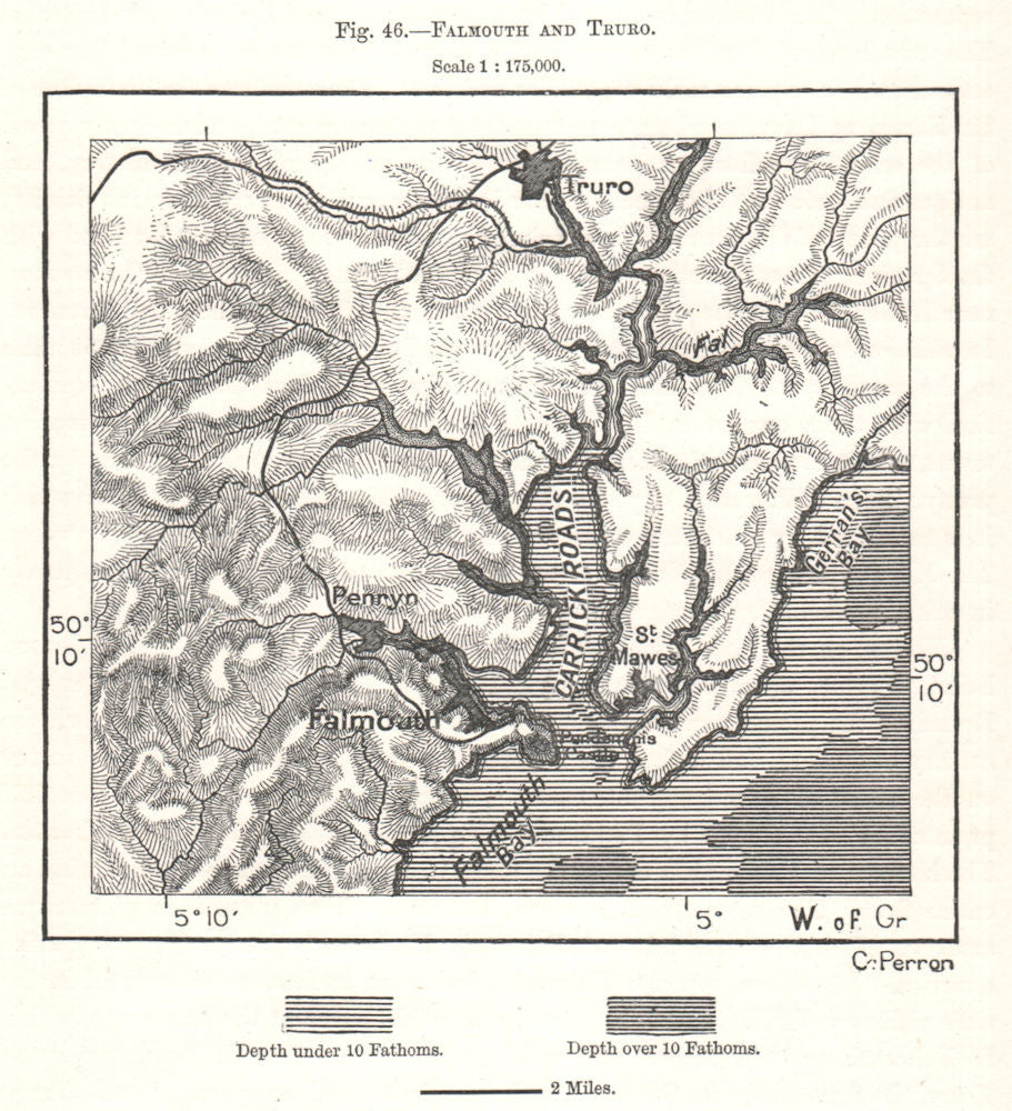 Falmouth and Truro. Carrick Roads. Cornwall. Sketch map 1885 old antique